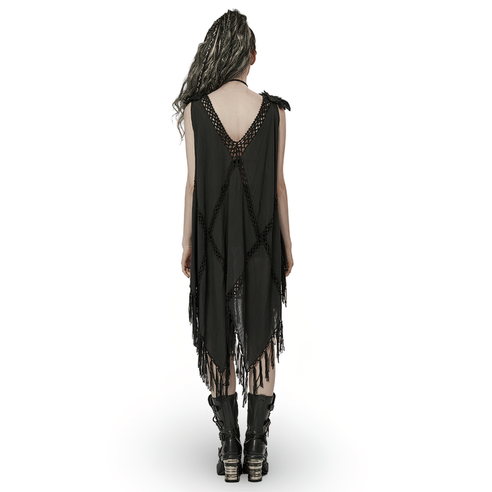 Gothic Fringe V-Neck Dress - Boho Mesh Overlay - image 2