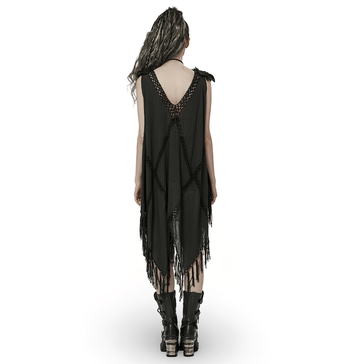 Gothic Fringe V-Neck Dress - Boho Mesh Overlay - image 2