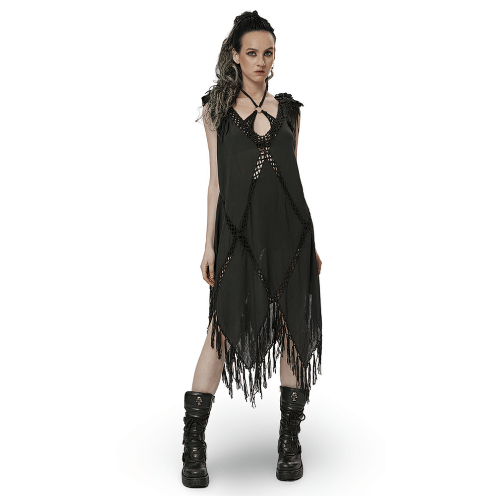 Gothic Fringe V-Neck Dress - Boho Mesh Overlay - image 1