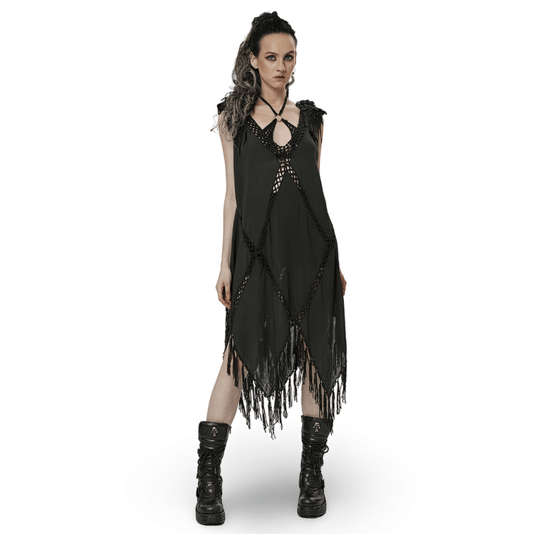 Gothic Fringe V-Neck Dress - Boho Mesh Overlay - image 1