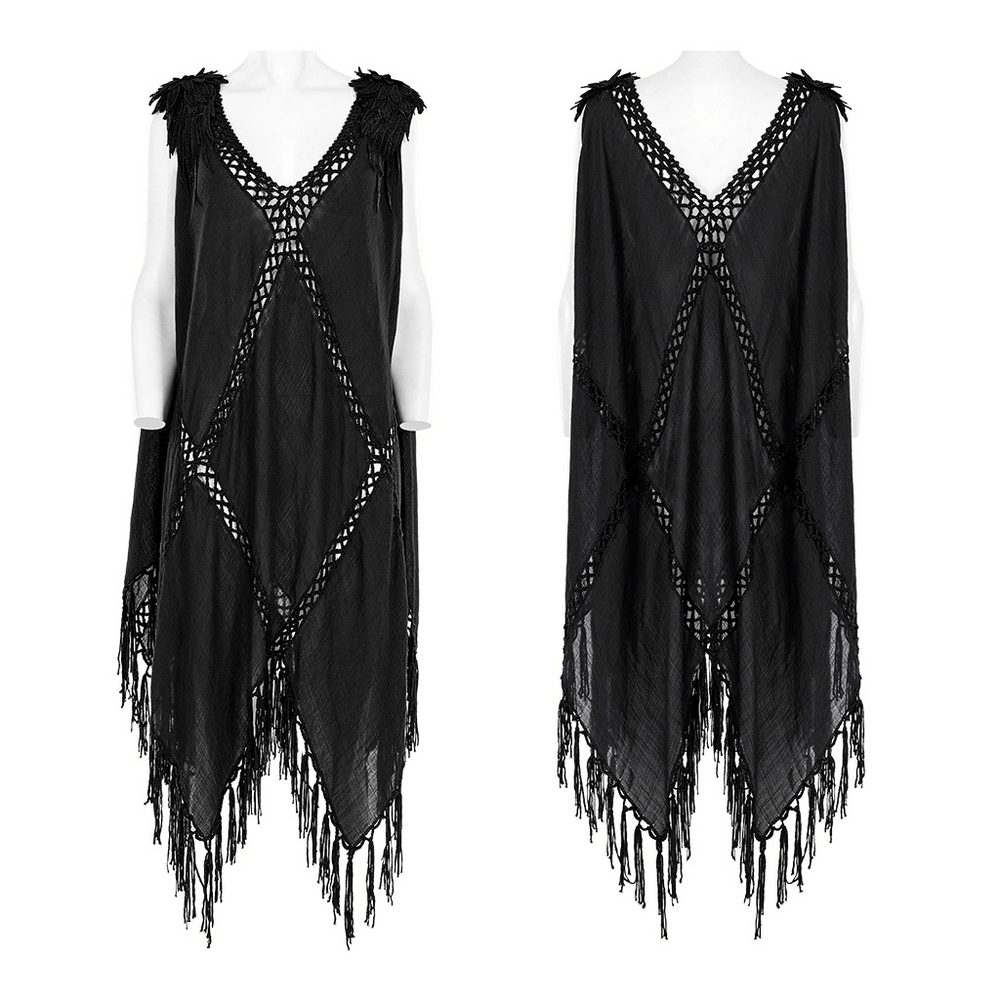 Gothic Fringe V-Neck Dress - Boho Mesh Overlay - image 3
