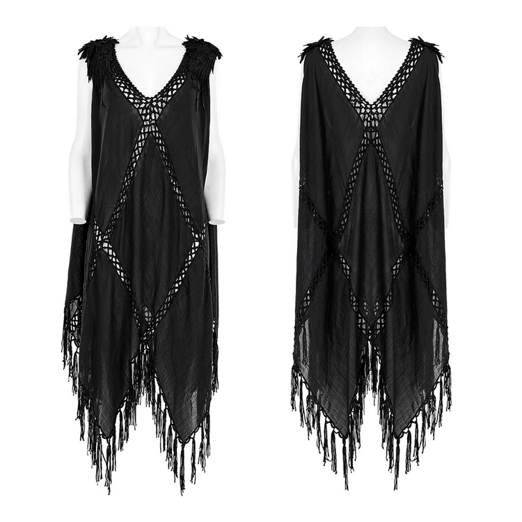 Gothic Fringe V-Neck Dress - Boho Mesh Overlay - image 3