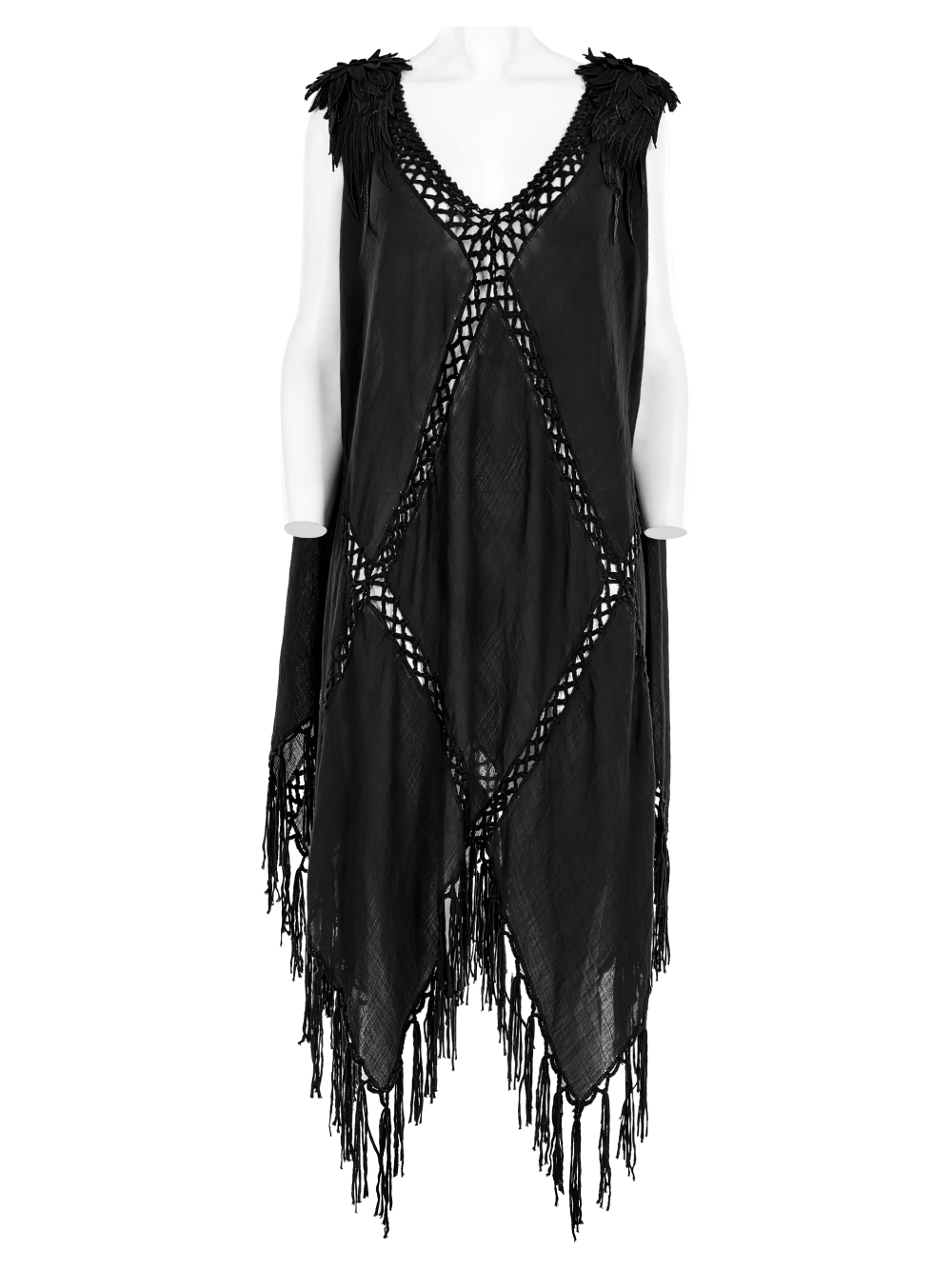 Gothic Fringe V-Neck Dress - Boho Mesh Overlay - image 4