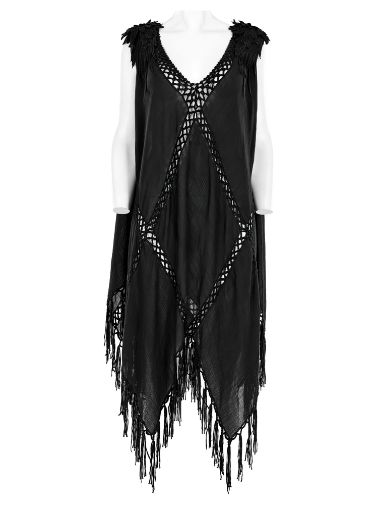 Gothic Fringe V-Neck Dress - Boho Mesh Overlay - image 4