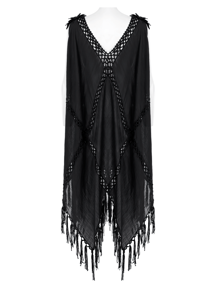Gothic Fringe V-Neck Dress - Boho Mesh Overlay - image 6