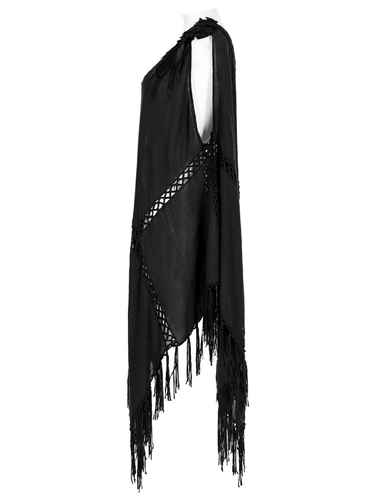 Gothic Fringe V-Neck Dress - Boho Mesh Overlay - image 5