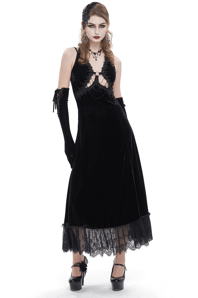 Gothic Gorgeous Velvet Dress with Sexy Neckline and Lace Hem - image 1