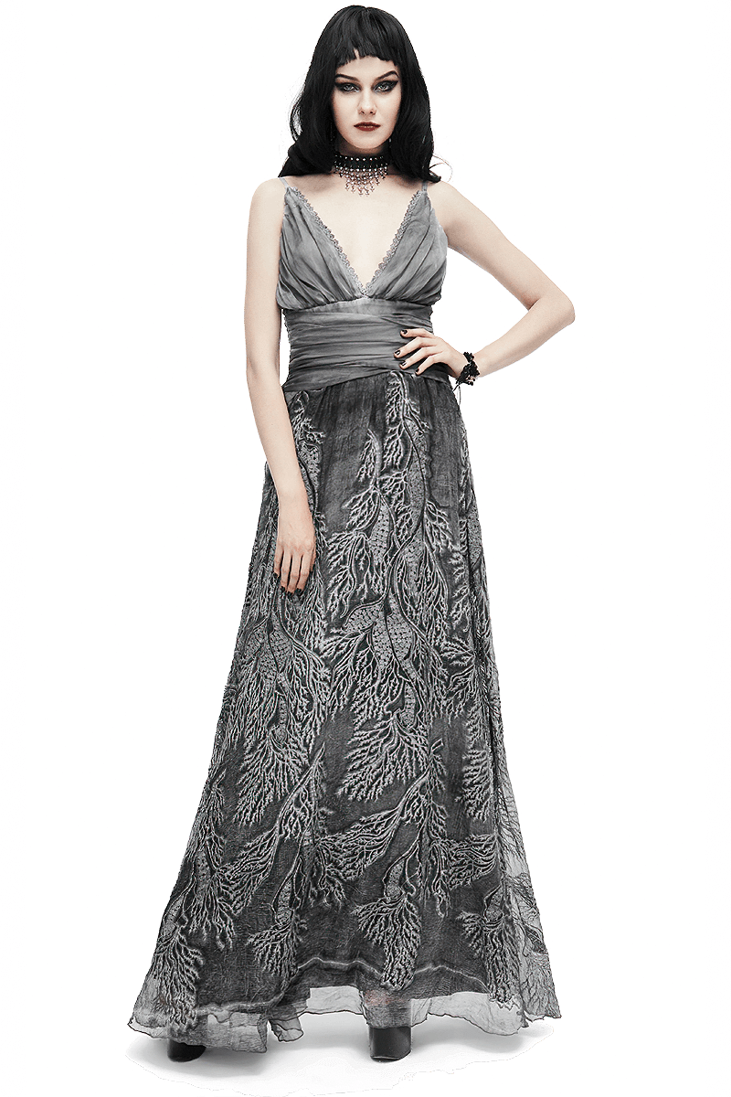 Gothic Gray Sexy Deep V Backless Dress for Women / Ladies Long Dress / Punk Fashion - image 1