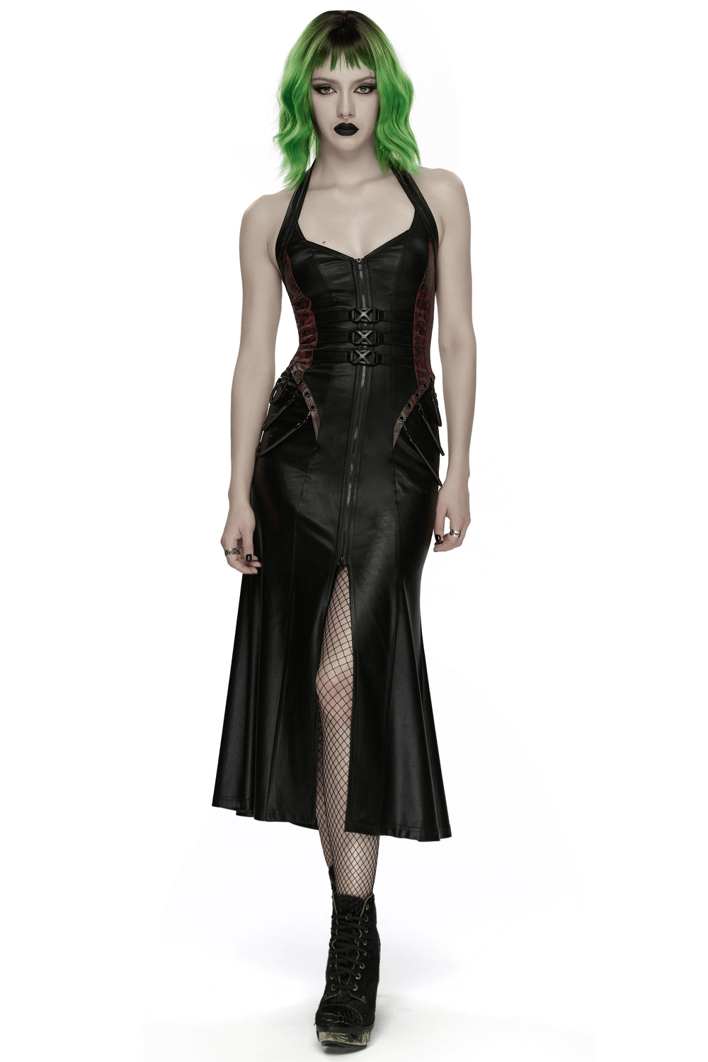 Gothic Halter Dress with Lace-Up Waist and Zipper Split - image 1