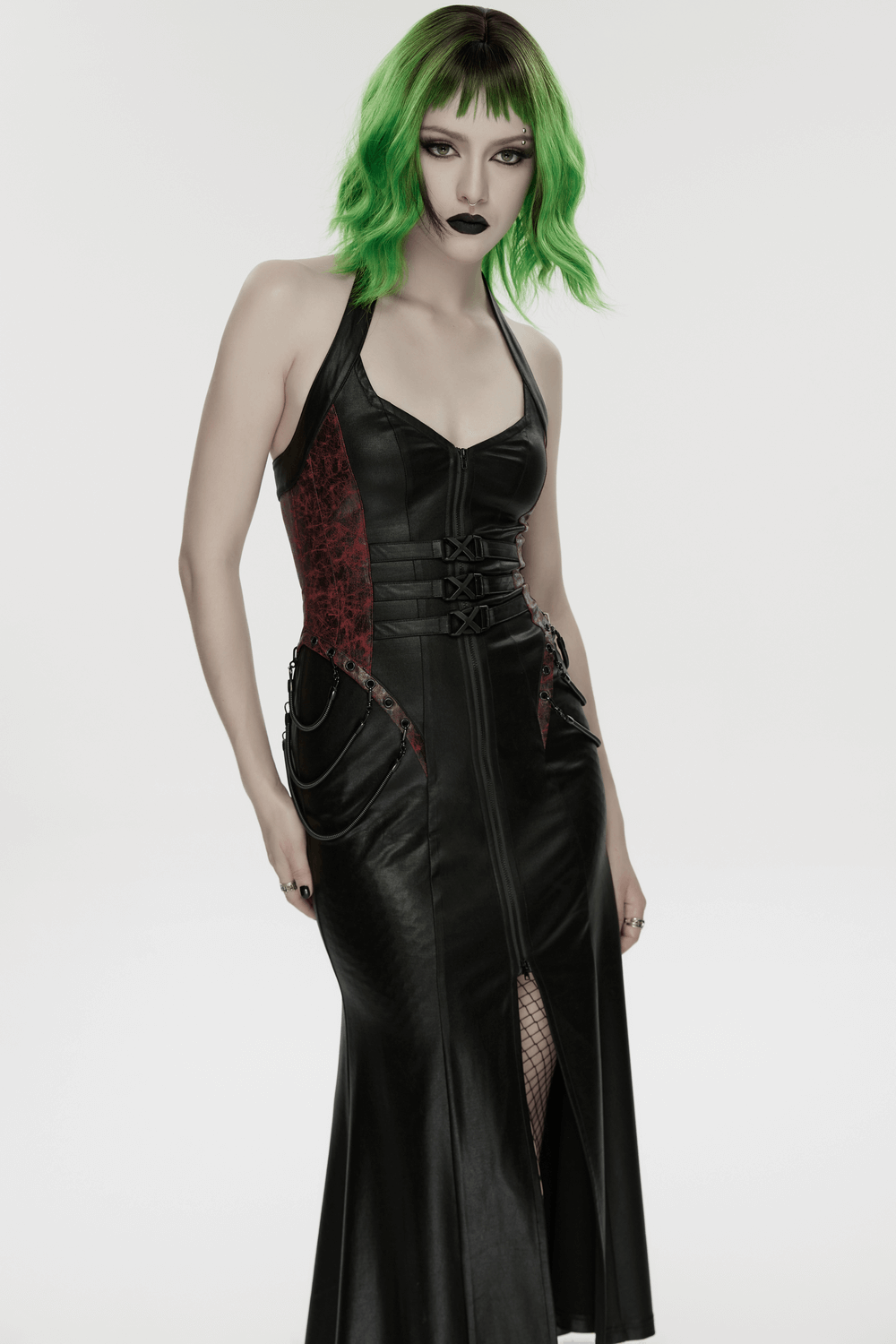 Gothic Halter Dress with Lace-Up Waist and Zipper Split - image 11