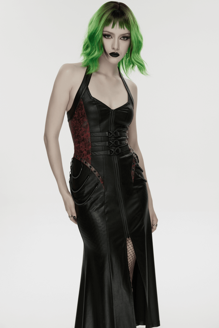 Gothic Halter Dress with Lace-Up Waist and Zipper Split - image 11