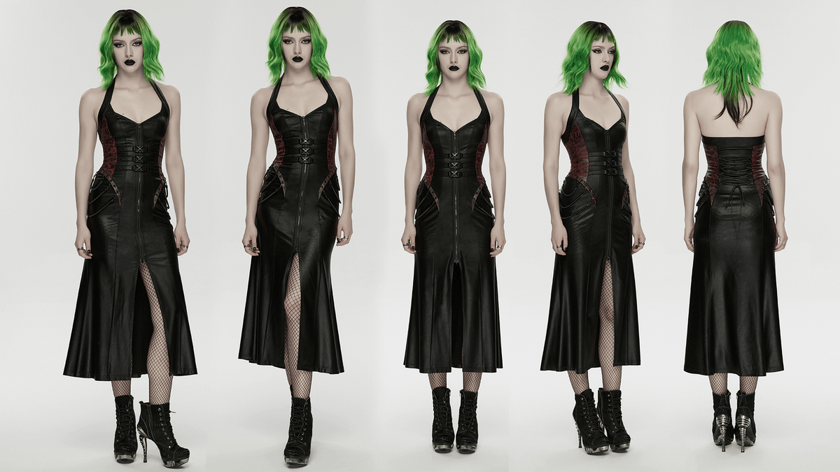 Gothic Halter Dress with Lace-Up Waist and Zipper Split - image 15