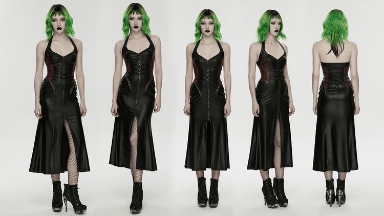 Gothic Halter Dress with Lace-Up Waist and Zipper Split - image 15