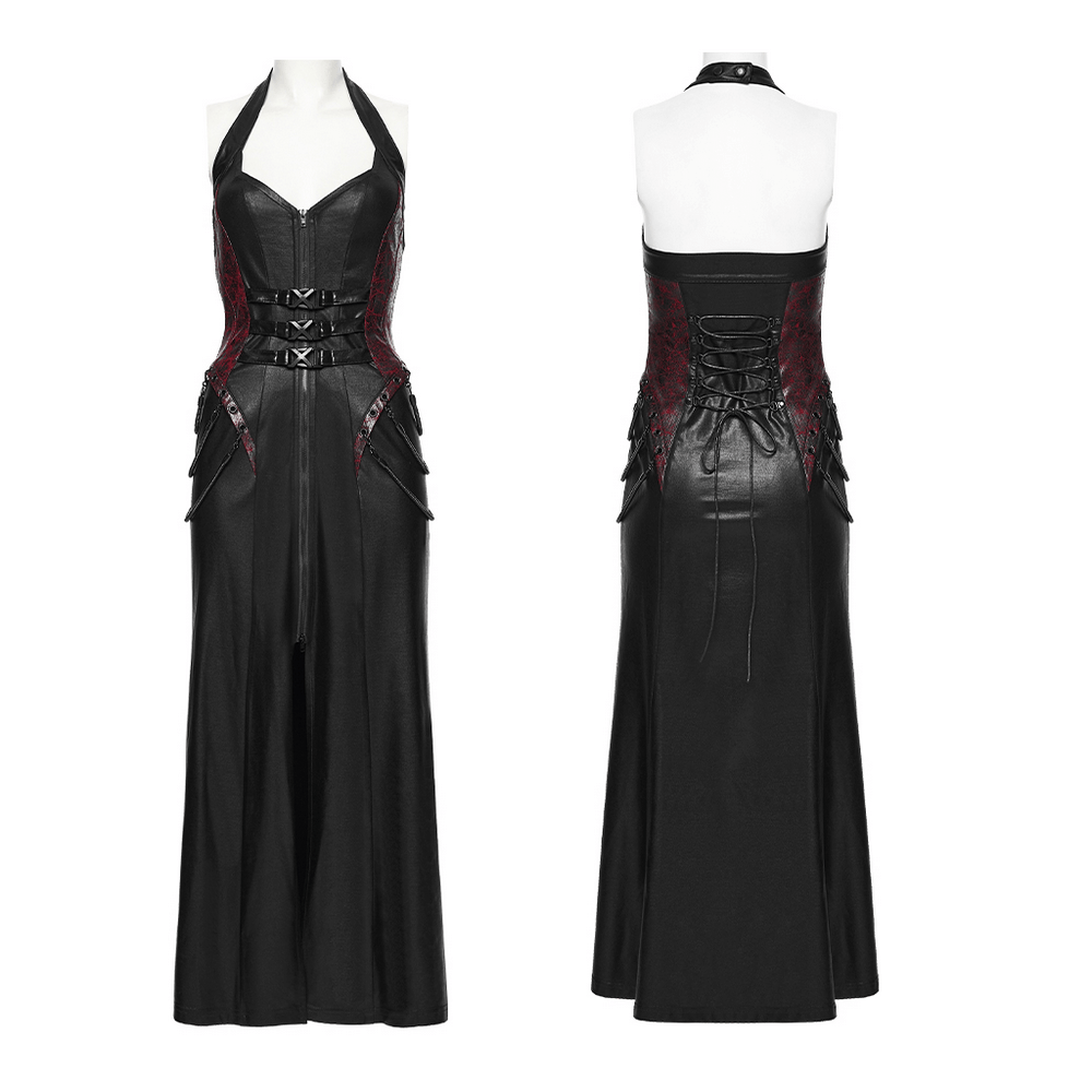 Gothic Halter Dress with Lace-Up Waist and Zipper Split - image 3