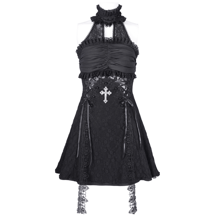 Gothic Halter Lace Mini Dress with Cross and Tapes - image 3