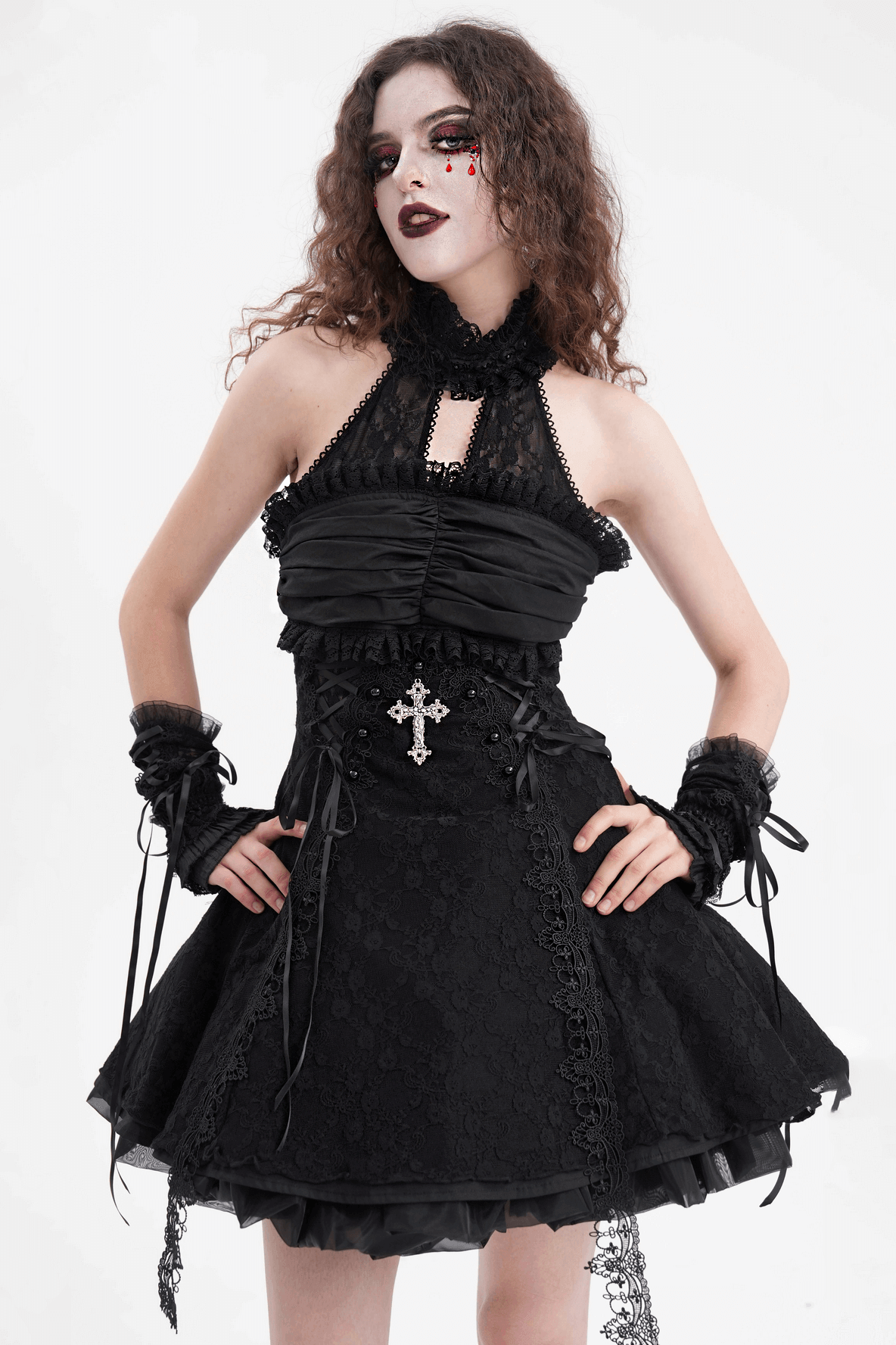 Gothic Halter Lace Mini Dress with Cross and Tapes - image 12