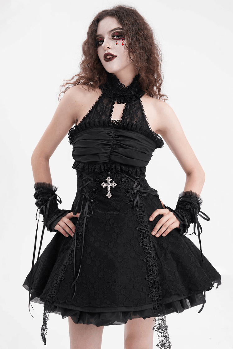 Gothic Halter Lace Mini Dress with Cross and Tapes - image 12