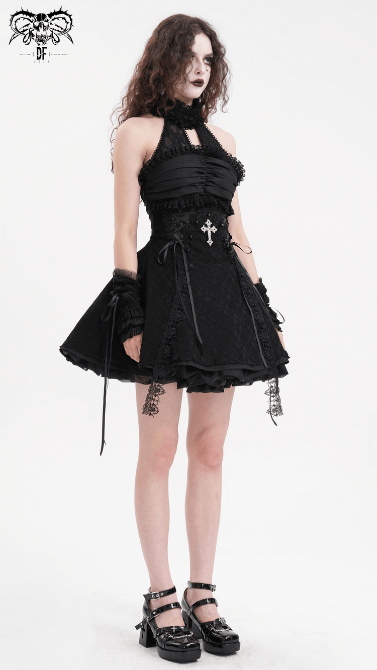 Gothic Halter Lace Mini Dress with Cross and Tapes - image 13