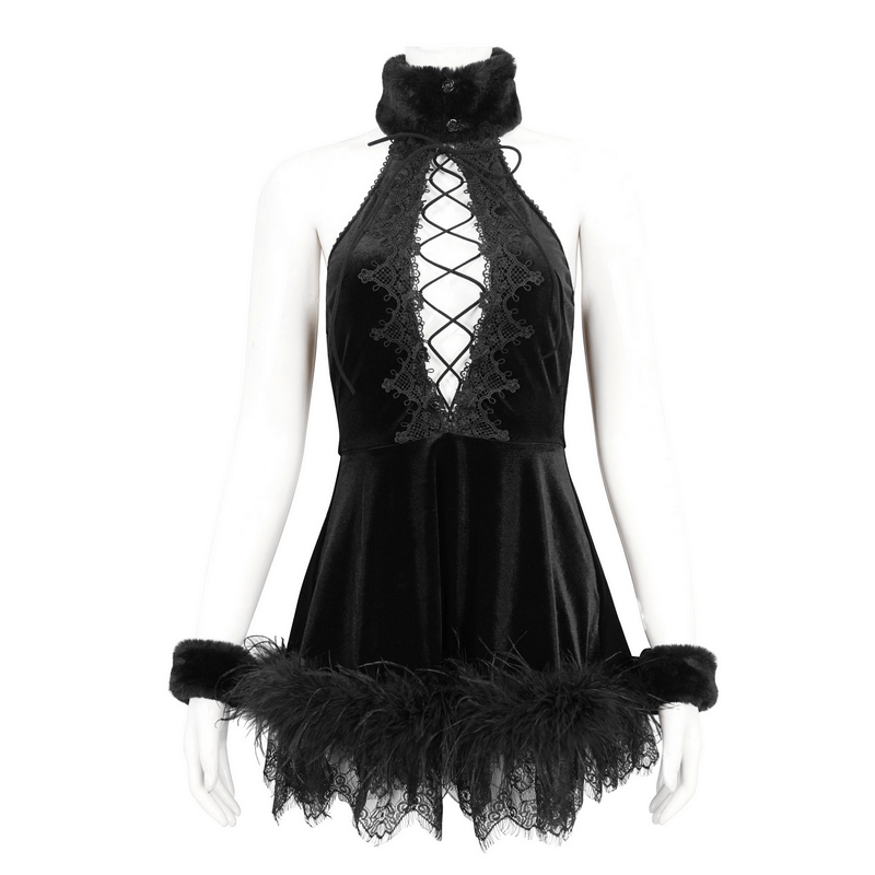 Gothic Halterneck Velvet Short Dress / Sexy Open Back Black Dress for Women - image 3