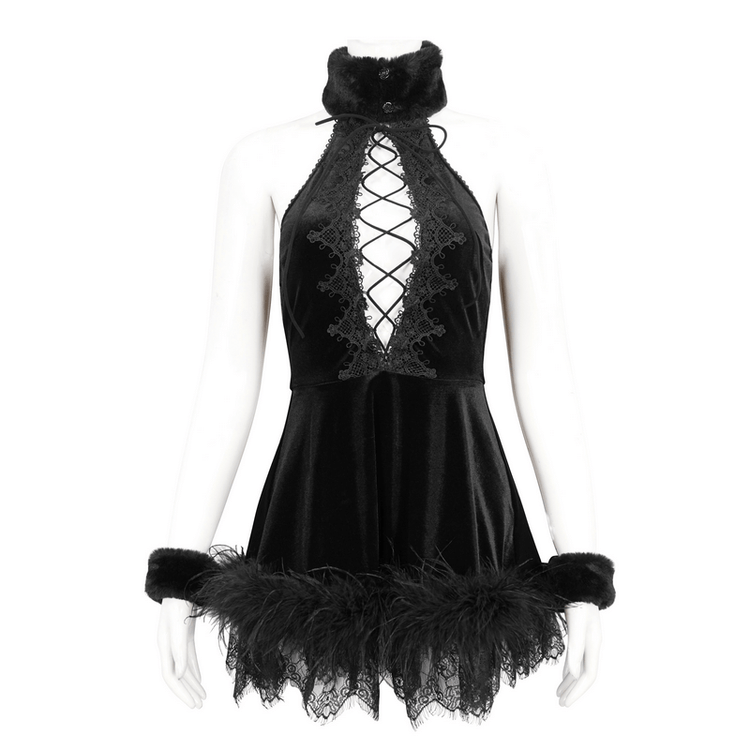 Gothic Halterneck Velvet Short Dress / Sexy Open Back Black Dress for Women - image 3