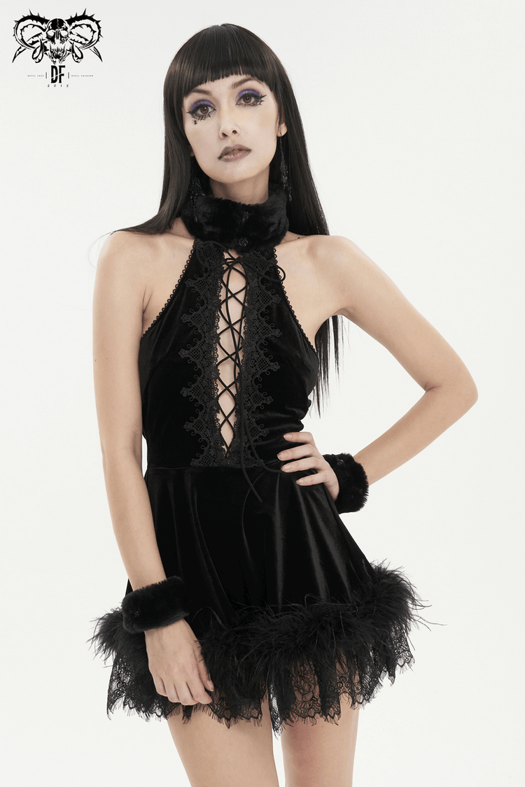 Gothic Halterneck Velvet Short Dress / Sexy Open Back Black Dress for Women - image 5