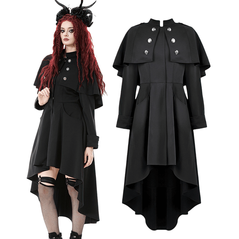 Gothic High Low Coat Dress with Cape and Silver Buttons - image 3