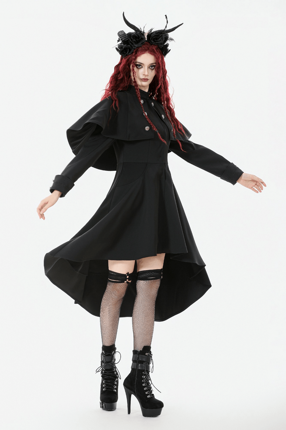 Gothic High Low Coat Dress with Cape and Silver Buttons - image 16