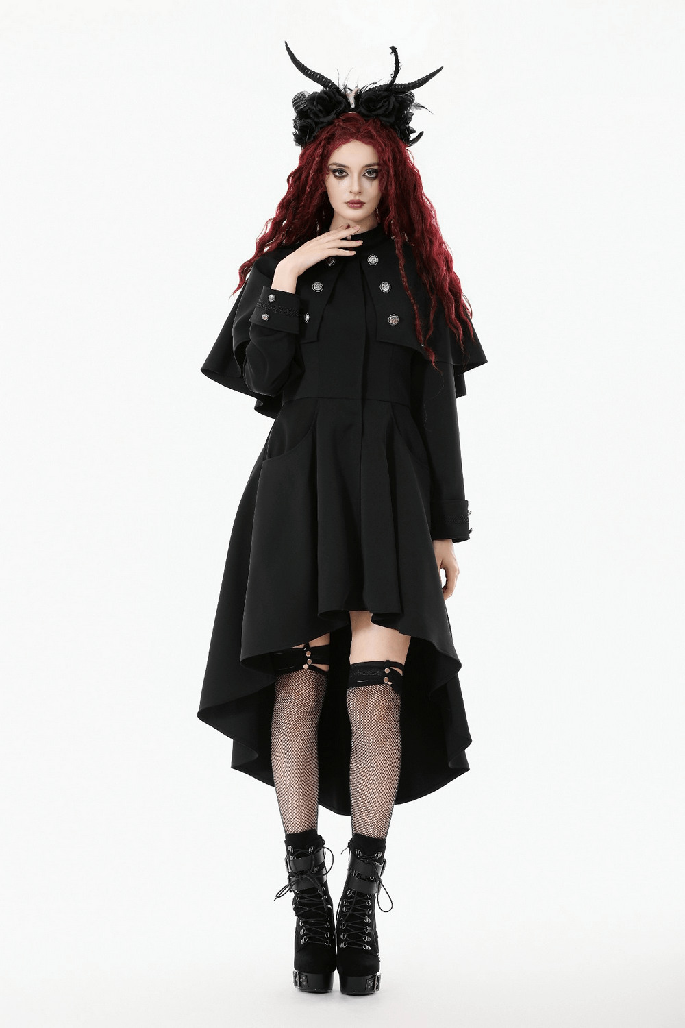 Gothic High Low Coat Dress with Cape and Silver Buttons - image 15