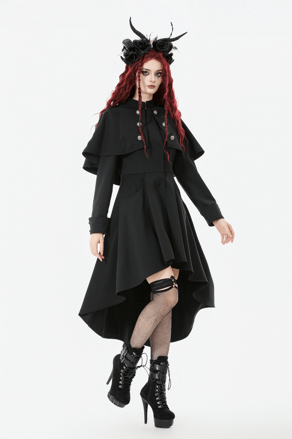 Gothic High Low Coat Dress with Cape and Silver Buttons - image 13