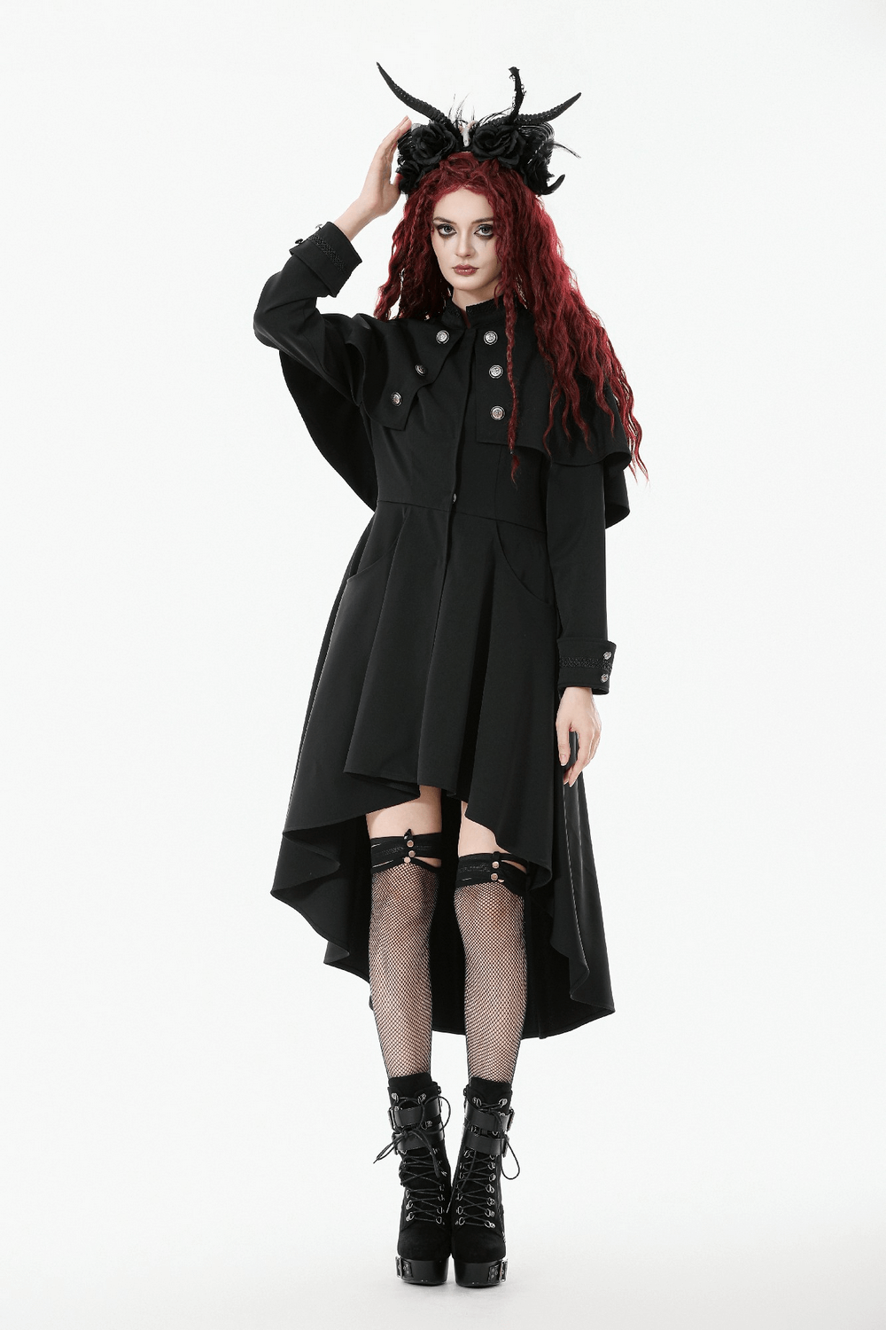 Gothic High Low Coat Dress with Cape and Silver Buttons - image 14