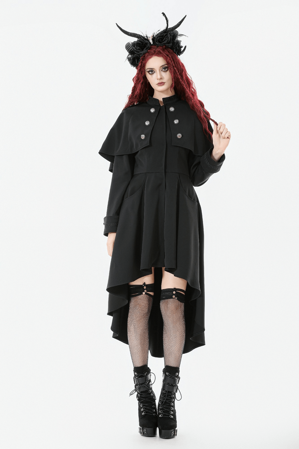 Gothic High Low Coat Dress with Cape and Silver Buttons - image 12