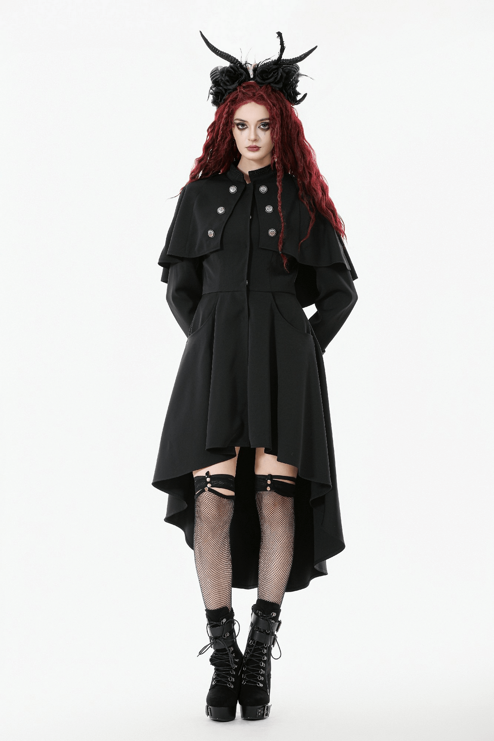 Gothic High Low Coat Dress with Cape and Silver Buttons - image 11