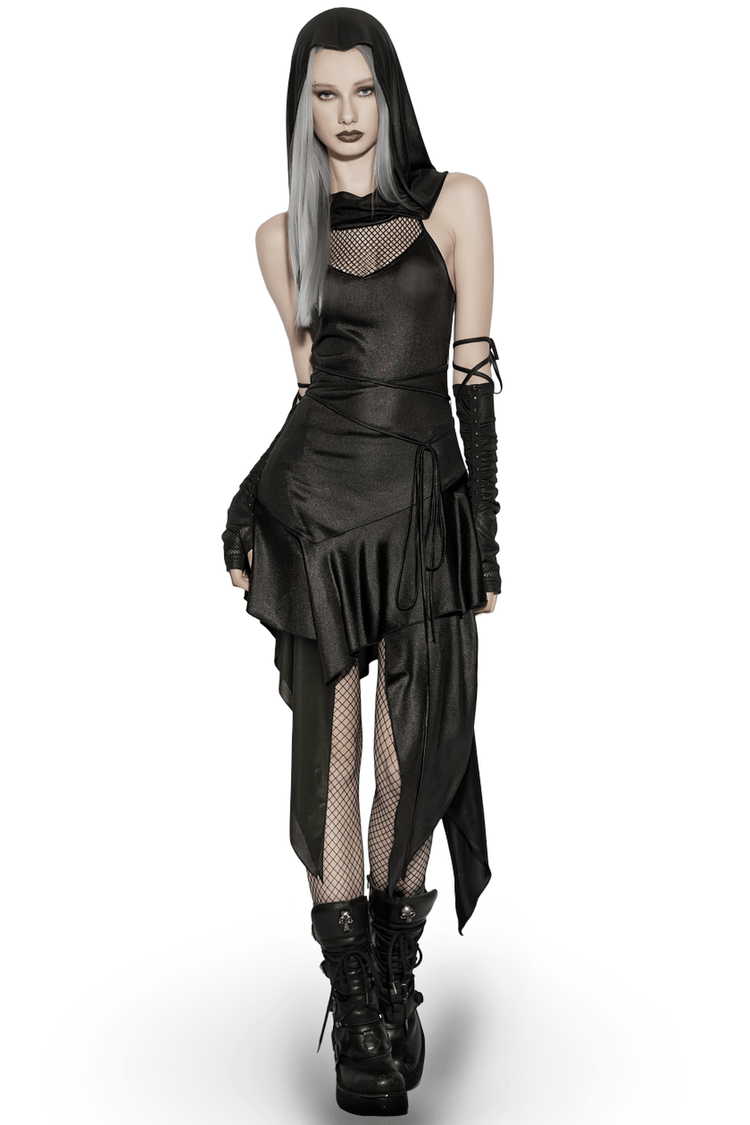 Gothic Hooded Asymmetric Mesh Dress for Women - image 1