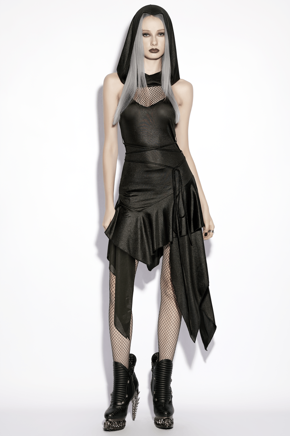 Gothic Hooded Asymmetric Mesh Dress for Women - image 12