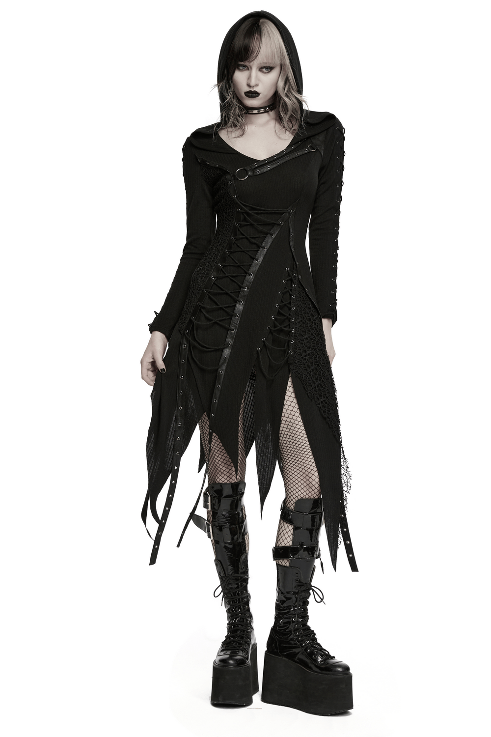 Gothic Hooded Knit Dress with Asymmetrical Hem - image 1