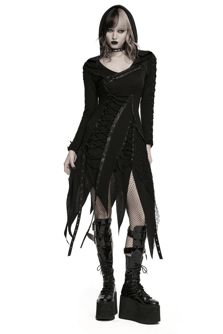 Gothic Hooded Knit Dress with Asymmetrical Hem - image 1