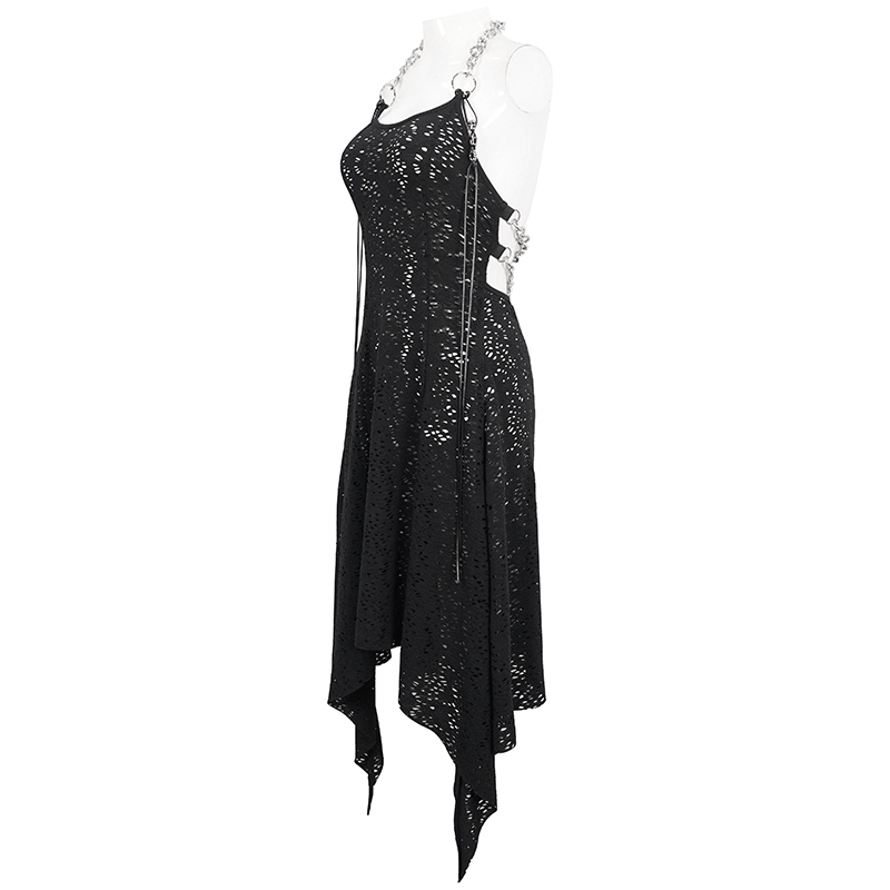 Gothic Irregular Ripped Chain Dress for Women / Sexy Ladies Black Bared Back Dress - image 4