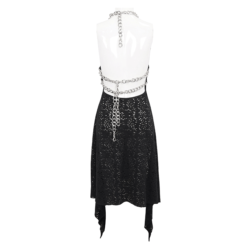 Gothic Irregular Ripped Chain Dress for Women / Sexy Ladies Black Bared Back Dress - image 5