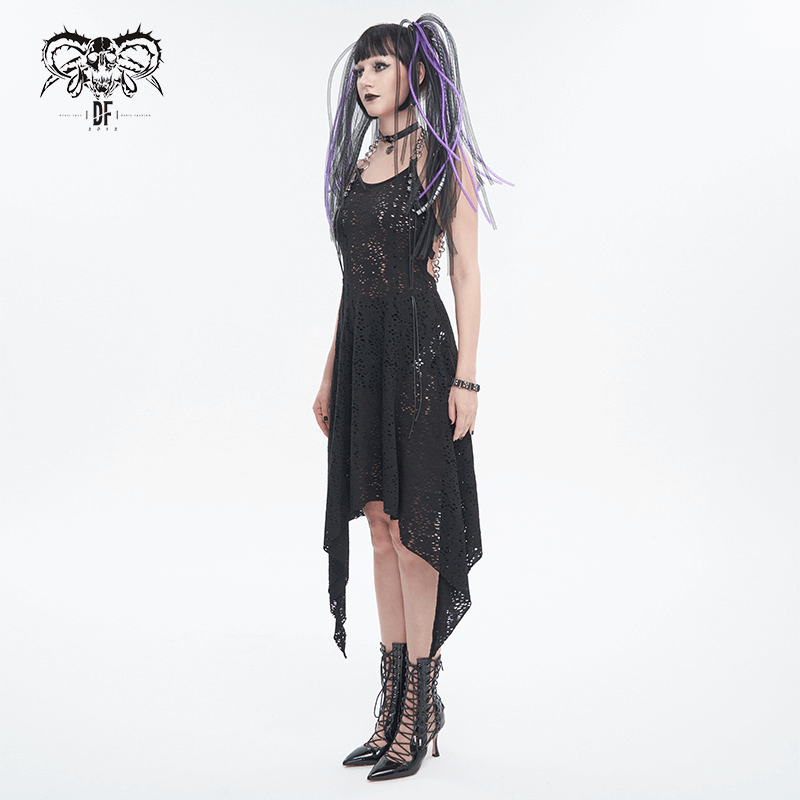 Gothic Irregular Ripped Chain Dress for Women / Sexy Ladies Black Bared Back Dress - image 7
