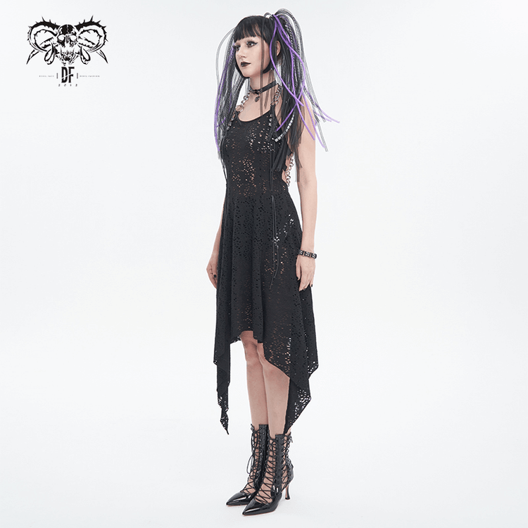 Gothic Irregular Ripped Chain Dress for Women / Sexy Ladies Black Bared Back Dress - image 7