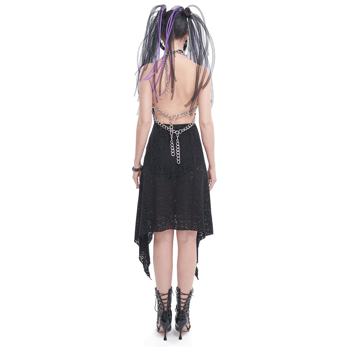 Gothic Irregular Ripped Chain Dress for Women / Sexy Ladies Black Bared Back Dress - image 2