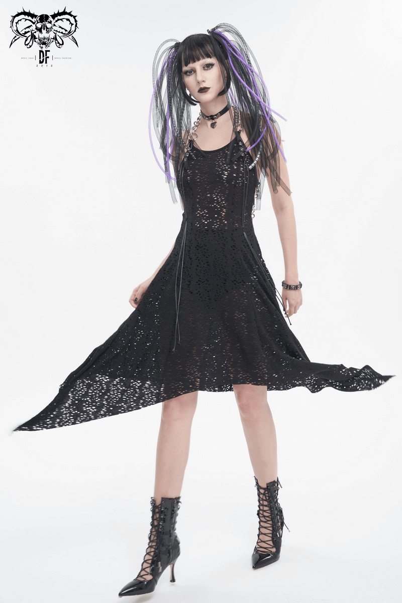 Gothic Irregular Ripped Chain Dress for Women / Sexy Ladies Black Bared Back Dress - image 8