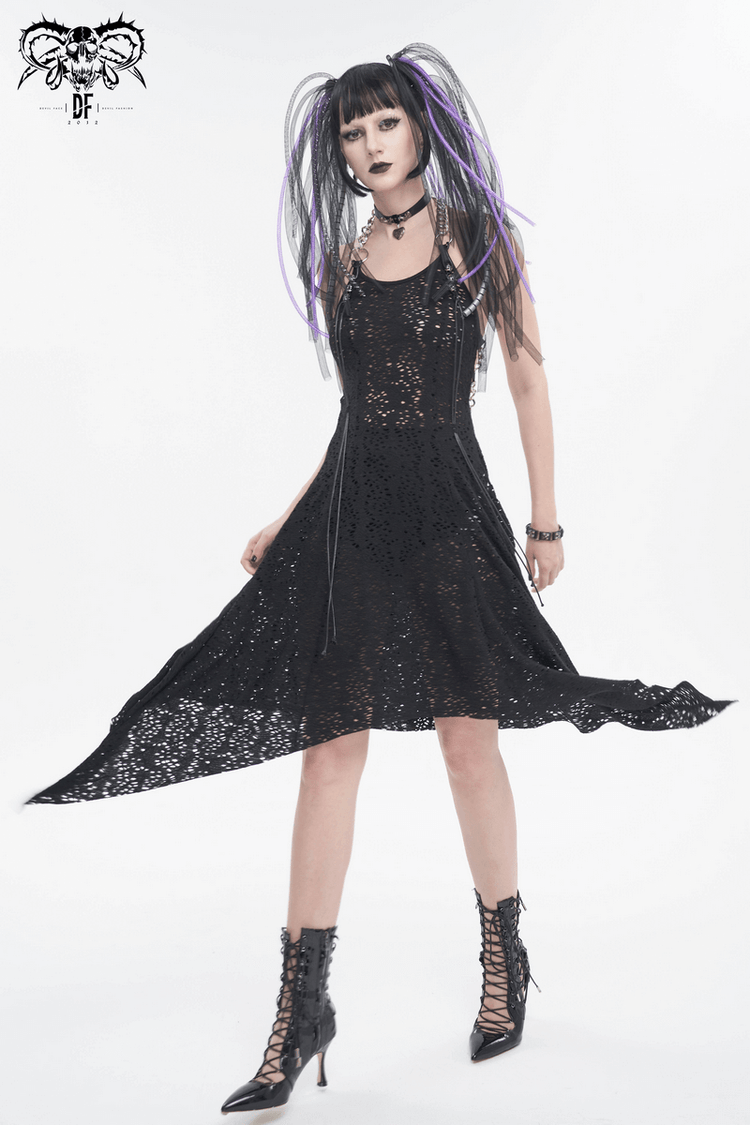 Gothic Irregular Ripped Chain Dress for Women / Sexy Ladies Black Bared Back Dress - image 8