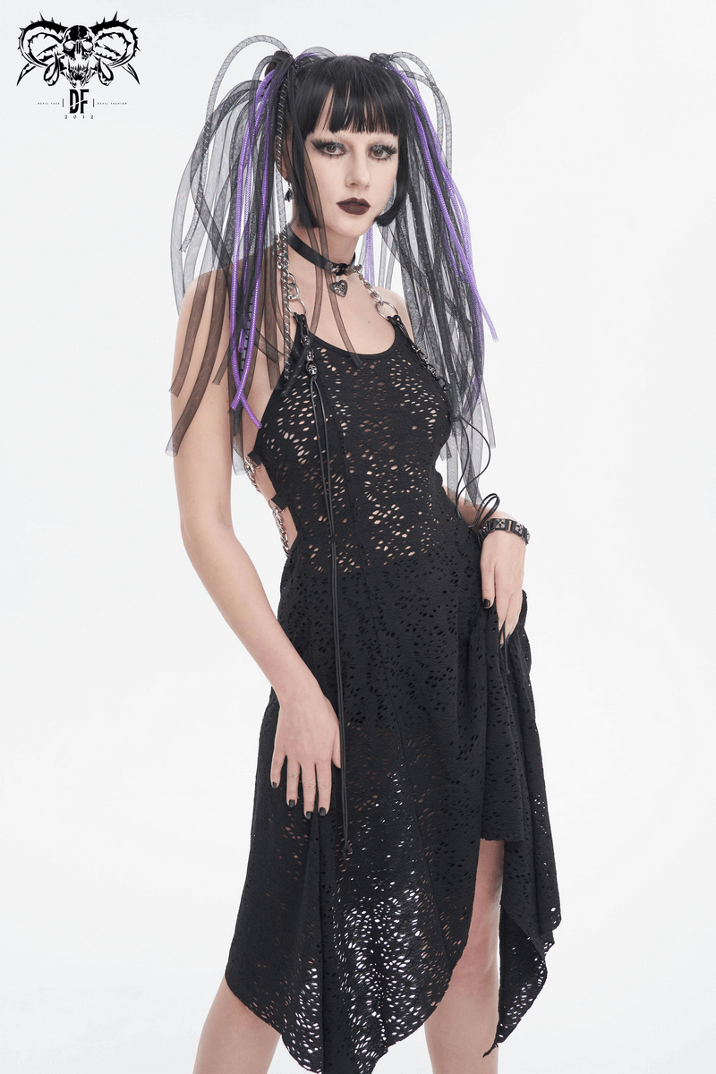 Gothic Irregular Ripped Chain Dress for Women / Sexy Ladies Black Bared Back Dress - image 9