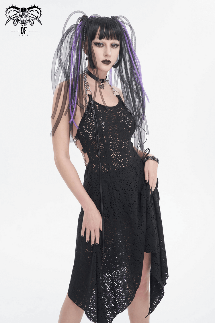 Gothic Irregular Ripped Chain Dress for Women / Sexy Ladies Black Bared Back Dress - image 9