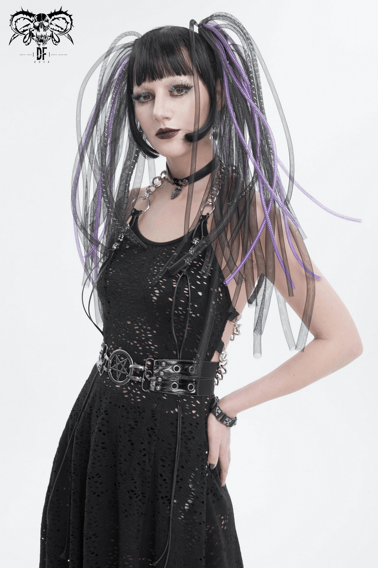 Gothic Irregular Ripped Chain Dress for Women / Sexy Ladies Black Bared Back Dress - image 10