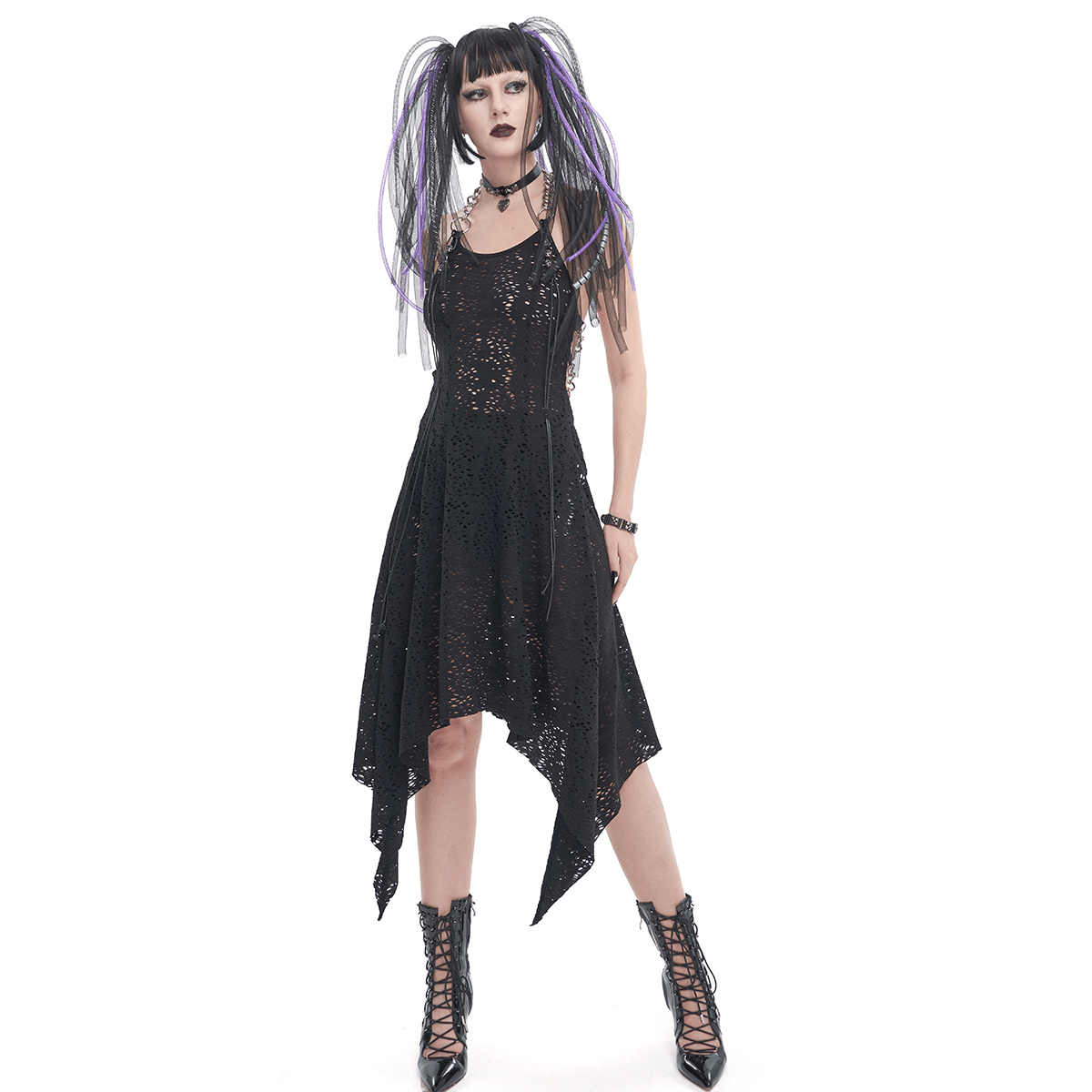 Gothic Irregular Ripped Chain Dress for Women / Sexy Ladies Black Bared Back Dress - image 1