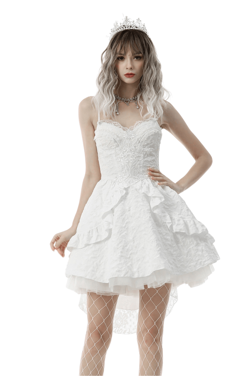 Gothic Jacquard Hi-Low Wedding Dress - Embroidered Elegance - image 1