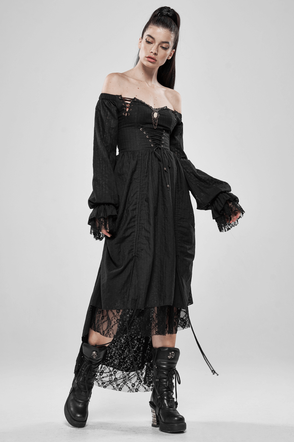 Gothic Lace Dress with Off-Shoulder and Lantern Sleeves - image 12