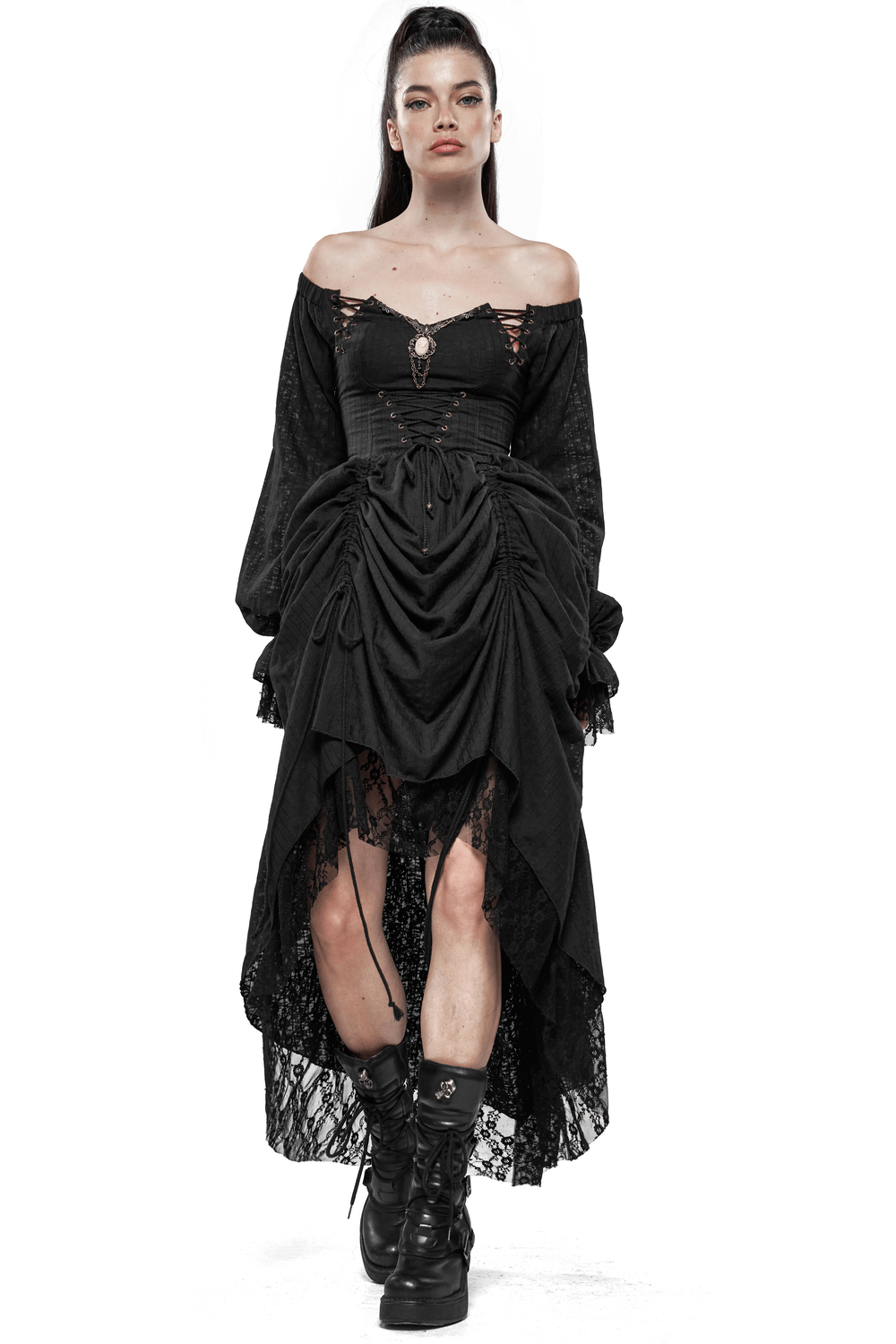 Gothic Lace Dress with Off-Shoulder and Lantern Sleeves - image 1